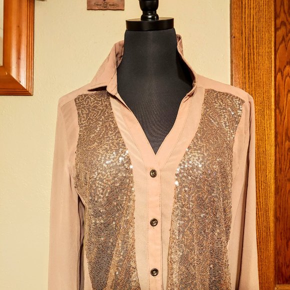 Vanity Sequined Light Brown Blouse - Picture 2 of 7
